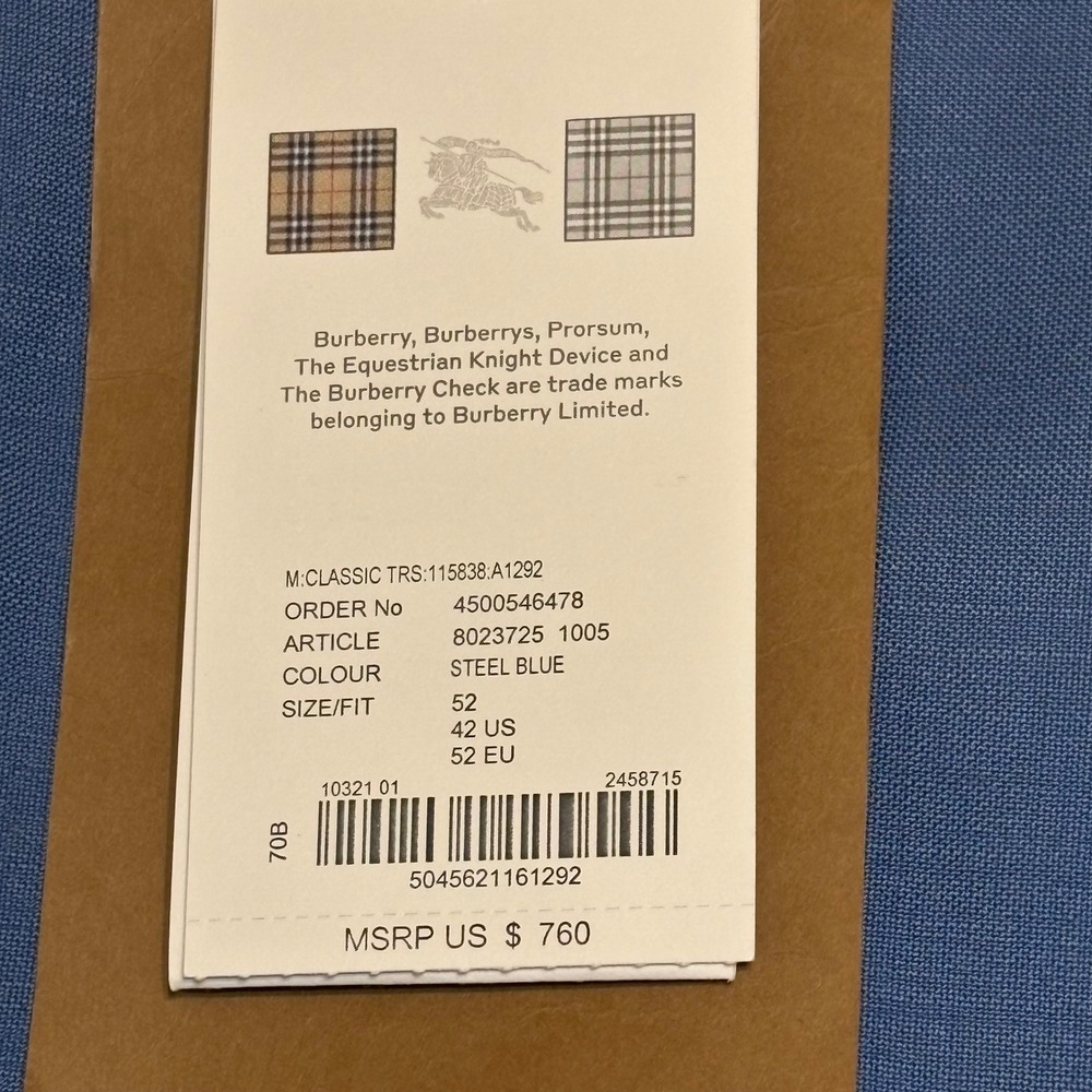 Burberry Steel Blue Mohair Wool Classic Trousers Mens IT 52 US 42 8023725 NEW - Picture 3 of 11